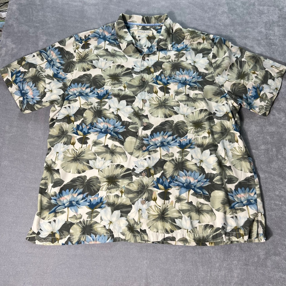 Tommy Bahama Mens Silk Shirt 3XT Blue Floral Water Lily Lotus Hawaiian Casual